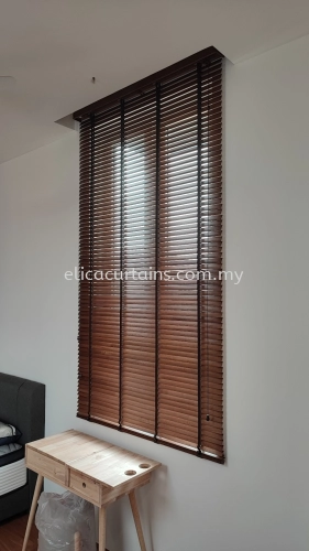 Wood Timber Blind + Woven Tape System/ Sunlight Control/ Privacy Control/ Walnut Colour/ Bedroom Window 