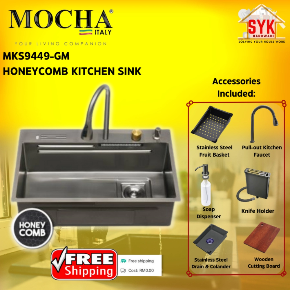 SYK Free Shipping Mocha MKS9449-GM HoneyComb Kitchen Sink with Water Fall Undermount Sink Bowl Sinki Dapur Moden