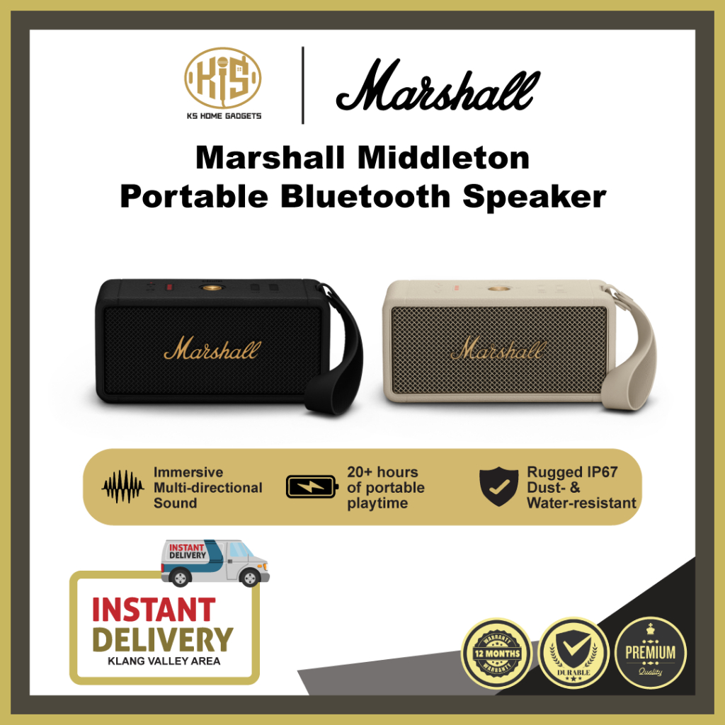 Marshall Middleton Black and Brass Immersive Portable Sound | 1 Year Marshall Malaysia Warranty | Same Day Delivery