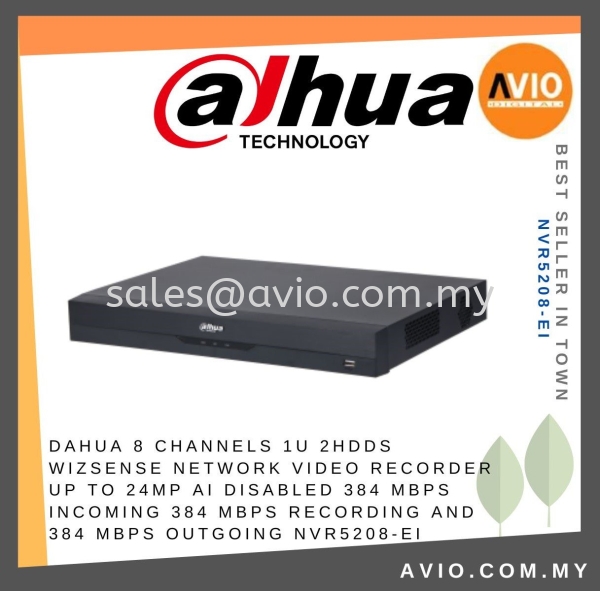 DAHUA 8 Channel 1U 2HDDs WizSense Network Video Recorder Up to 24MP AI disabled 384 Mbps incoming 384 Mbps recording and 384 Mbps outgoing NVR5208-EI DAHUA Johor Bahru (JB), Kempas, Johor Jaya Supplier, Suppliers, Supply, Supplies | Avio Digital