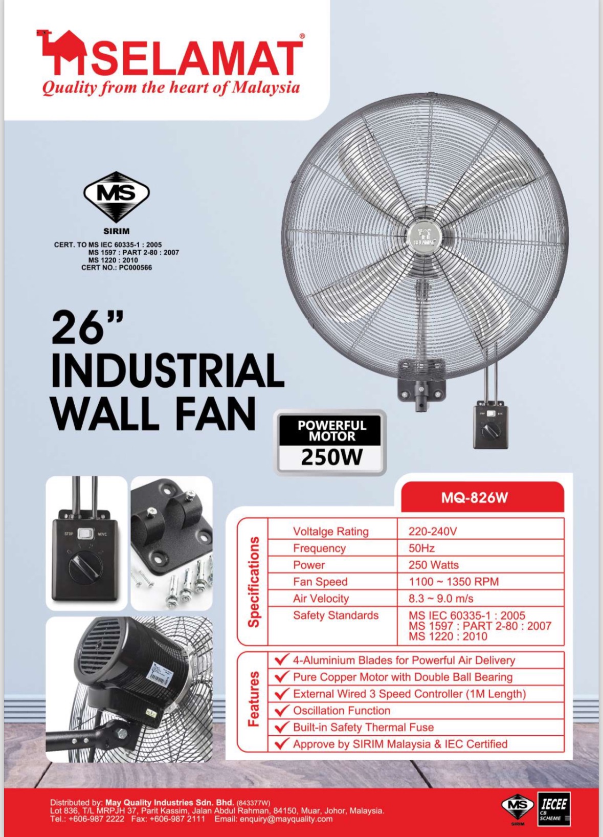 Selamat mq-826w 26” industrial wall fan (sirim)