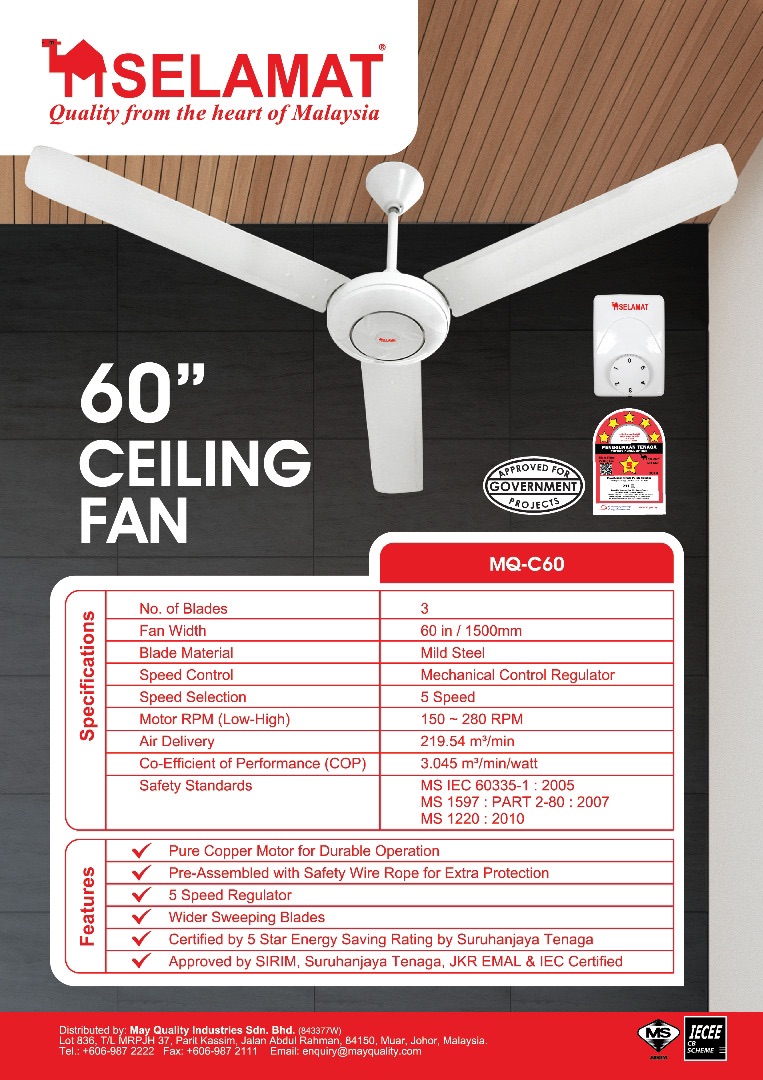 Selamat mq-c60 60” ceiling fan  (jkr spec)