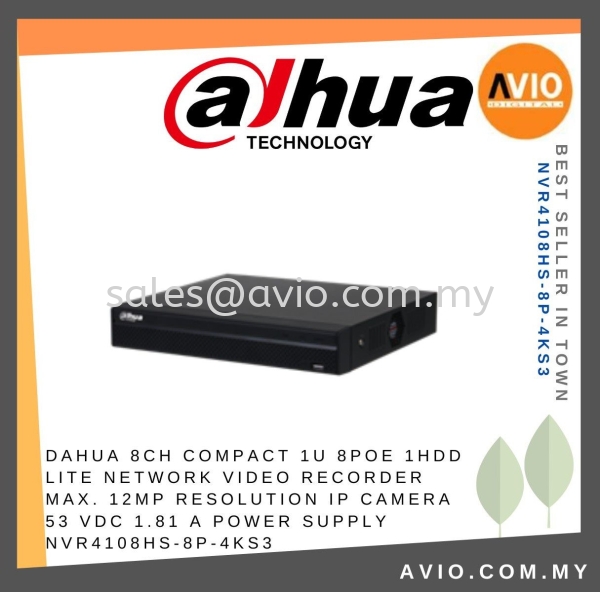 DAHUA 8CH COMPACT 1U 8PoE 1HDD LITE NETWORK VIDEO RECORDER Max. 12MP Resolution IP Camera 53 VDC 1.81 A Power Supply NVR4108HS-8P-4KS3 DAHUA Johor Bahru (JB), Kempas, Johor Jaya Supplier, Suppliers, Supply, Supplies | Avio Digital