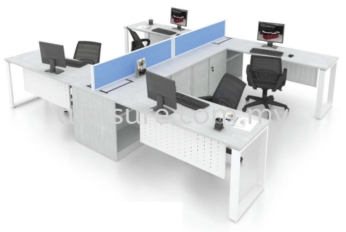 L shape workstation with square metal leg and desking panel system