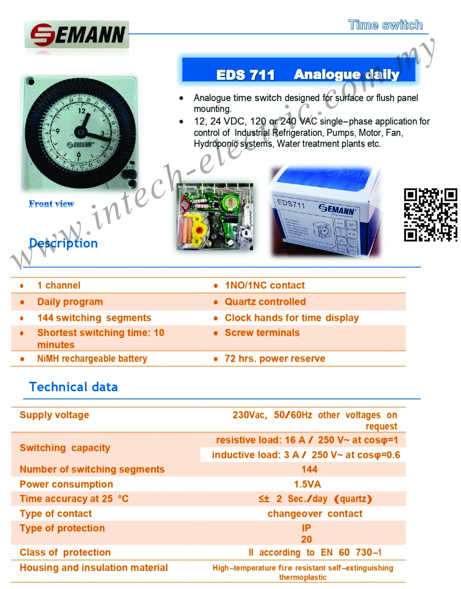 EMANN EDS-711 ANALOGUE DAILY TIMER SWITCH 24HOUR 16A 72HRS POWER RESERVE