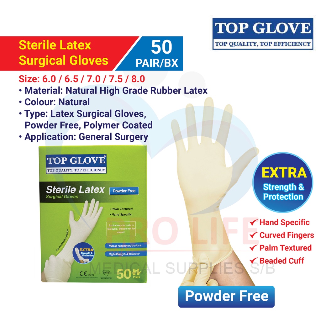 Top Glove Sterile Latex Surgical Glove, Powder Free (50 Pairs Per Box)(Size: 6.0 / 6.5 / 7.0 / 7.5 / 8.0)