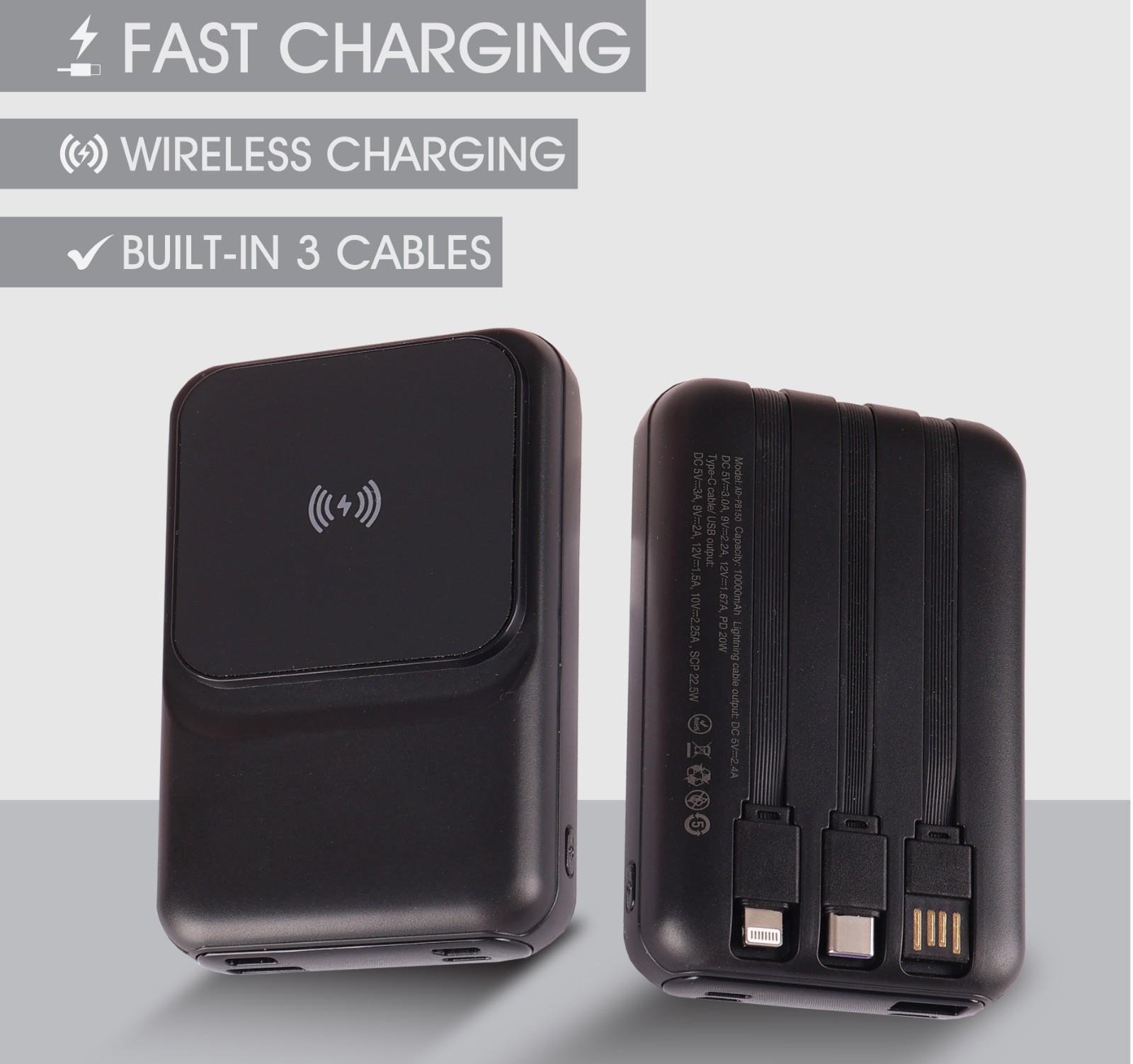 PB 150 Fast Charging Wireless Powerbank With Built-In 3 Cables