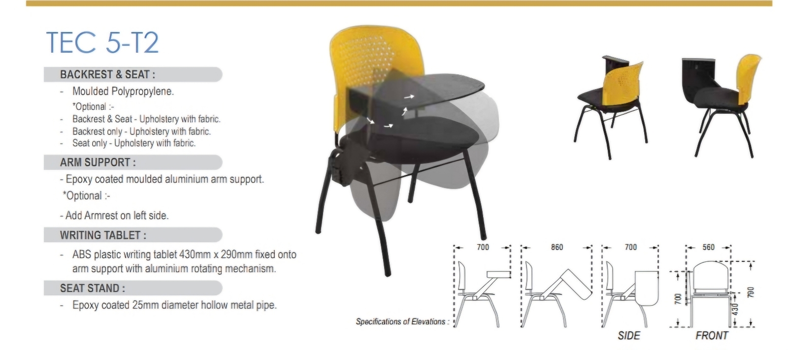 TEC 5-T2 student chair with abs tablet