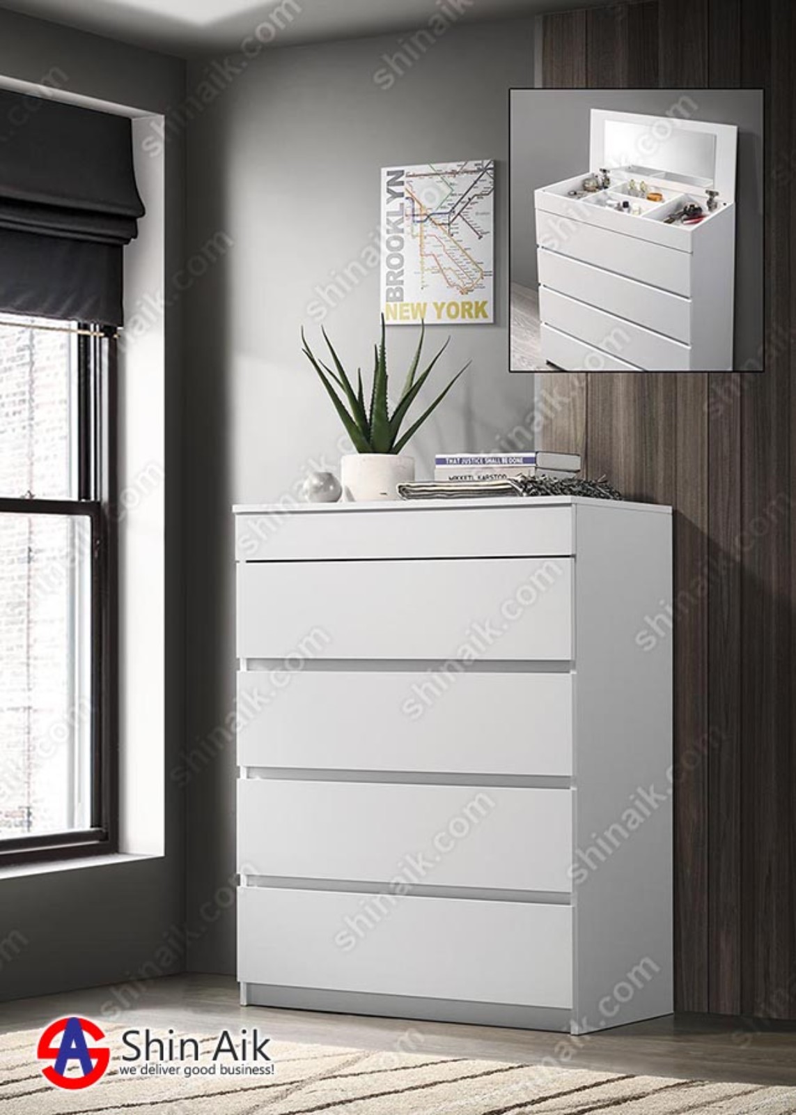 CD93083(KD) White Modern Minimalist Open Mirror Top 4-Drawer Chest