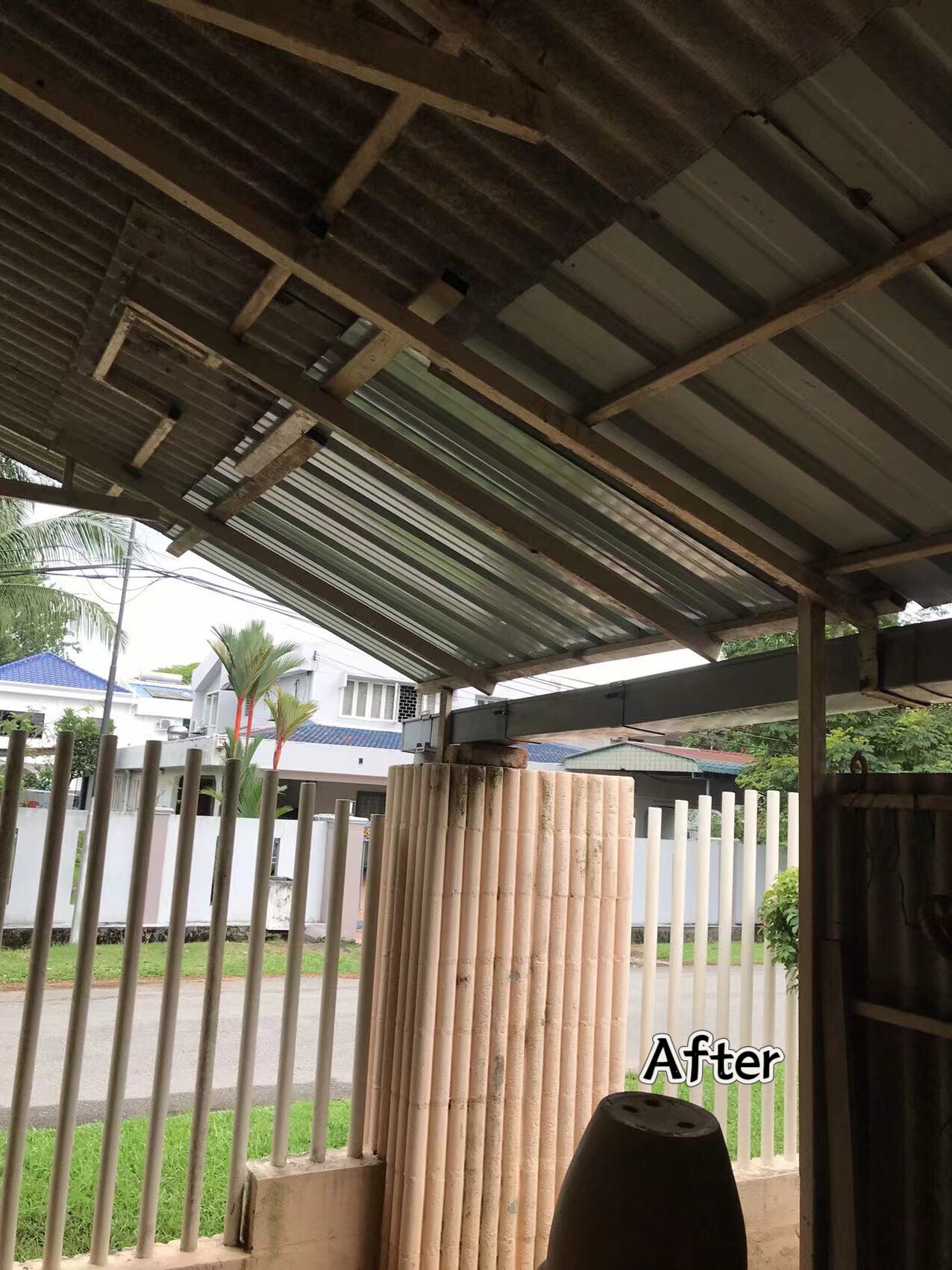 Progress done:before & after(corner double storey)-1)To dismantle awning metal deck panel & replacement new metal deck panel with accessories - Klang Jaya 