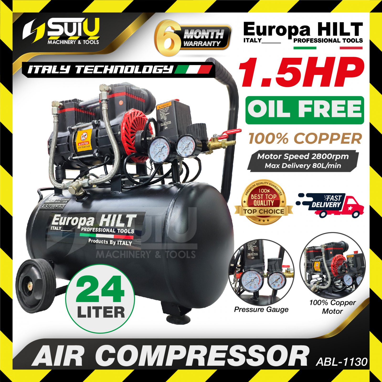 [COMPRESSOR ONLY] EUROPA HILT ABL1130 / ABL-1130 24L 1.5HP Oil Free / Oilless Air Compressor 1.1kW / 2800RPM