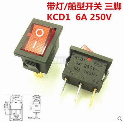 KCD1-102 Rocker Switch With Red Light Three Pins 15*21mm (10pcs)