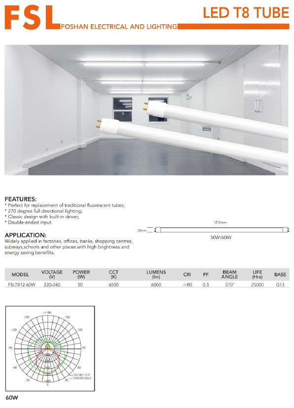 FSL T8 60W LED Tube - 6500K