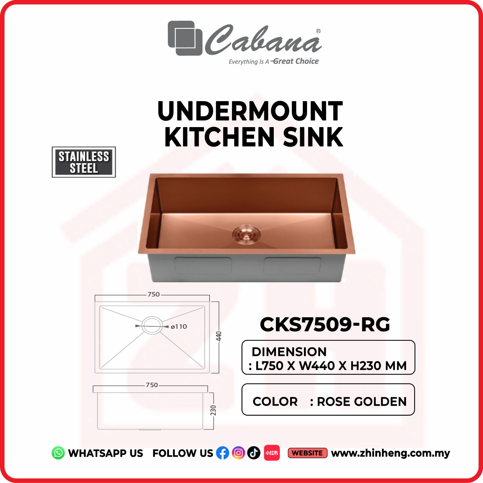 CABANA UNDERMOUNT KITCHEN SINK [SINGLE BOWL] CKS7509-RG