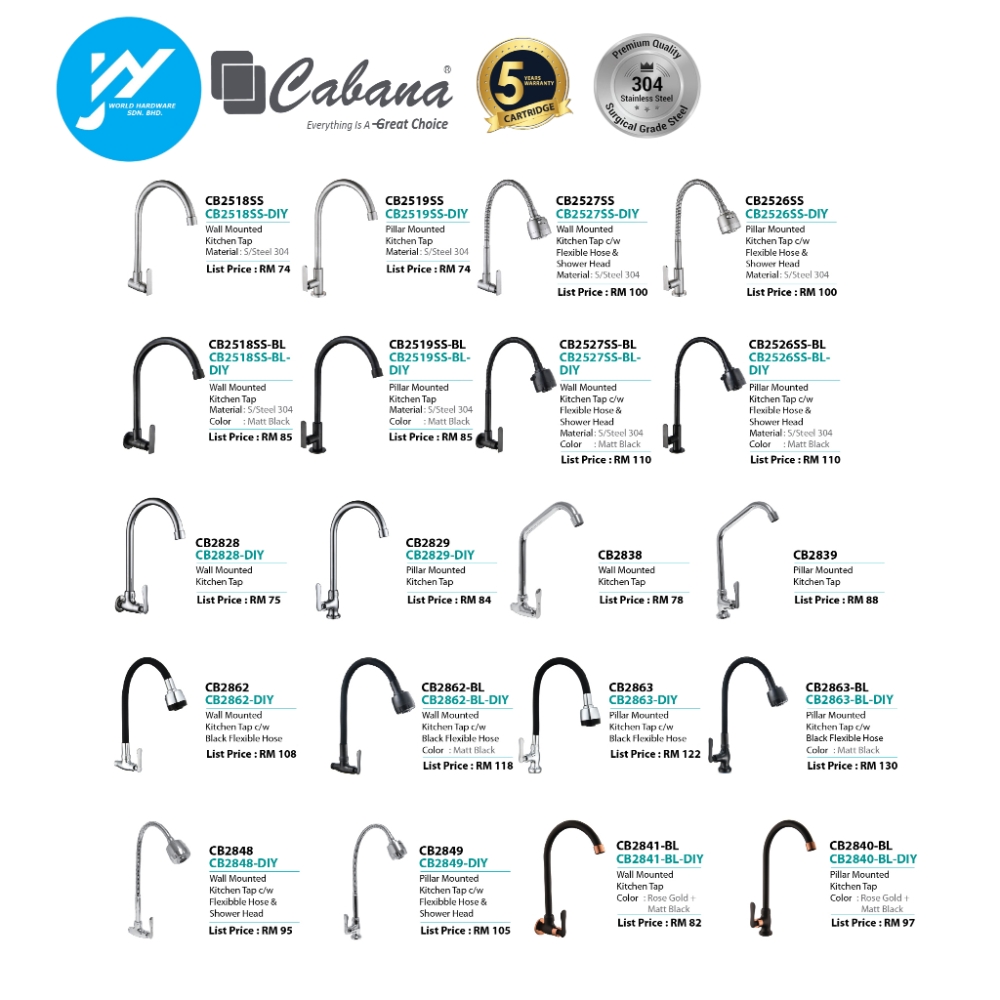 Cabana Basin Kitchen 304 Stainless Steel Tap Faucet Flexible Pillar Basin Wall Water Tap 5 Year Warranty