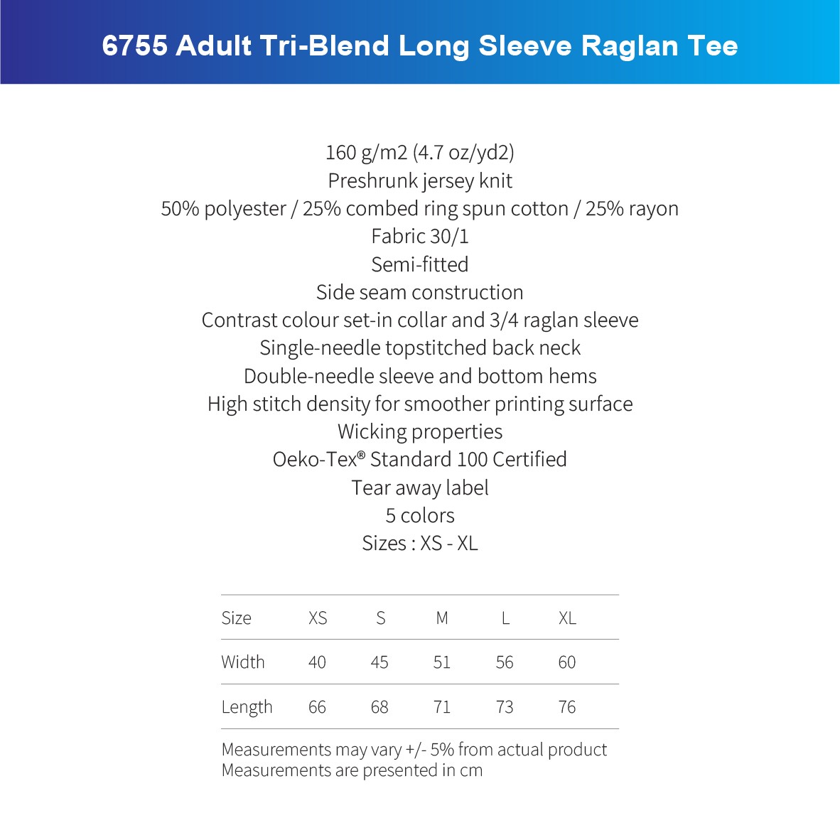 6755 3/4 SLEEVE Adult Tri-Blend RAGLAN TEE 