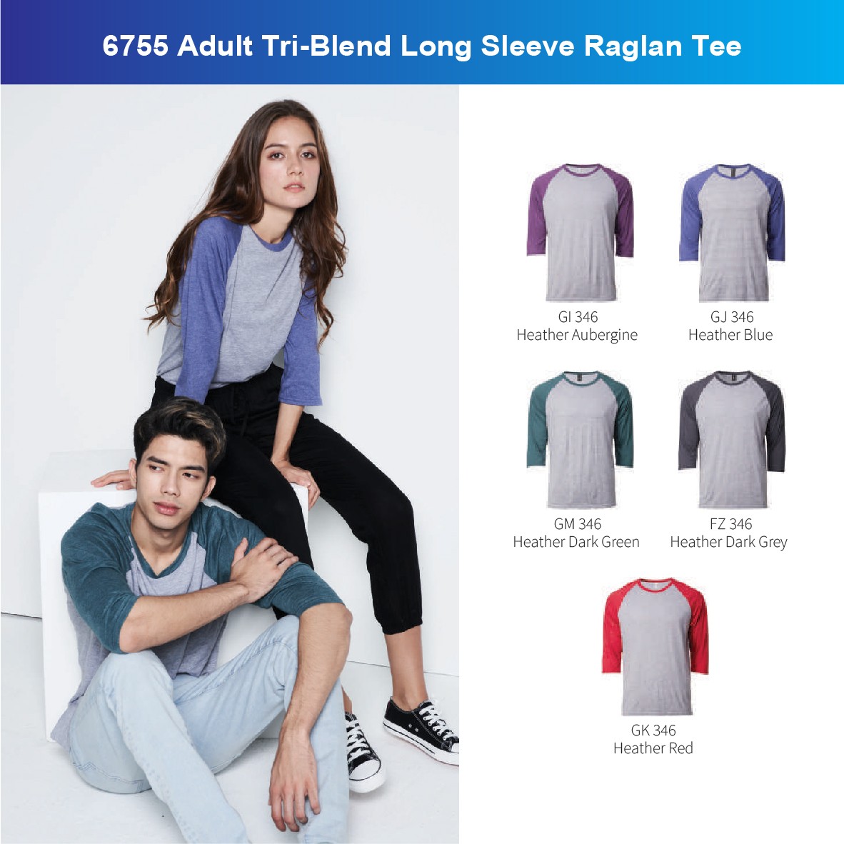 6755 3/4 SLEEVE Adult Tri-Blend RAGLAN TEE 