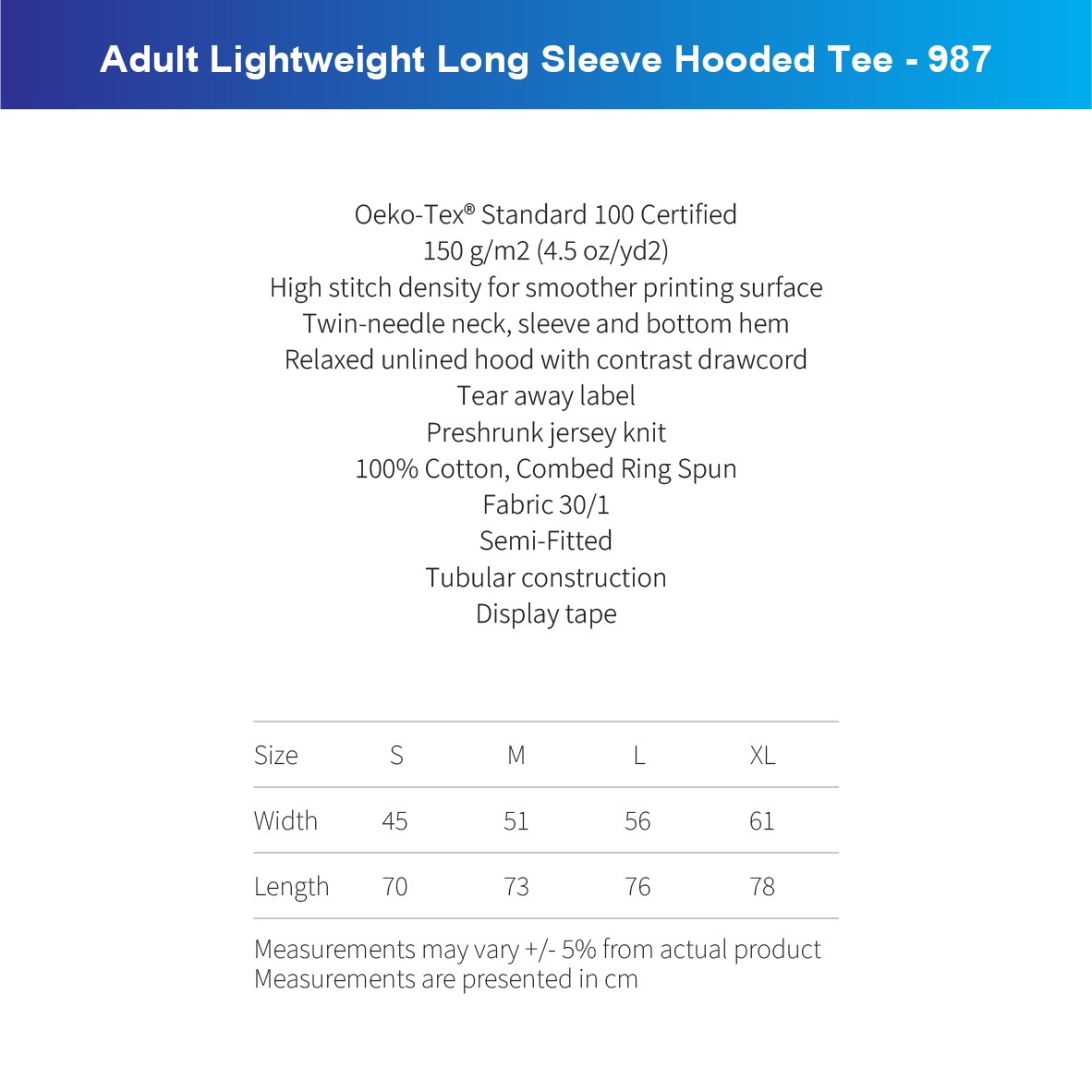 Adult Lightweight Long Sleeve Hooded Tee - 987