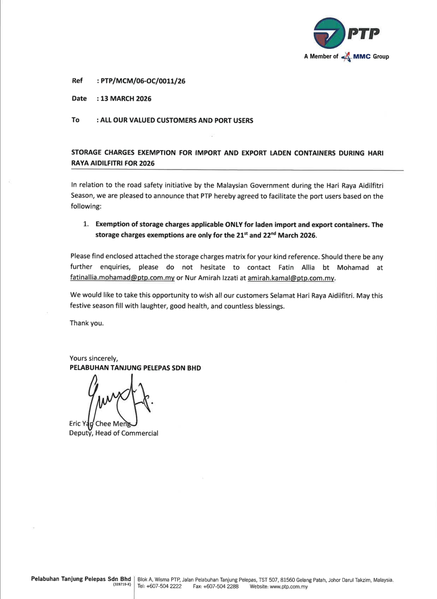 RAYA 2026 PTP Port Storage Exemption Circular