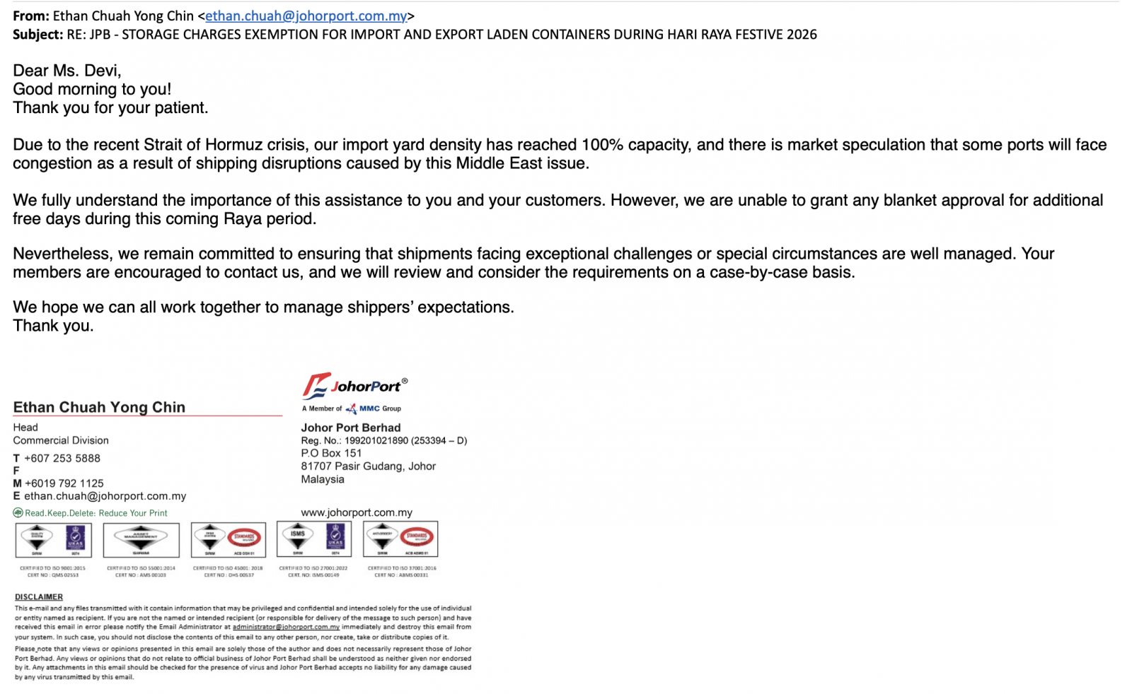 RAYA 2026 PGU Port No Storage Exemption Circular