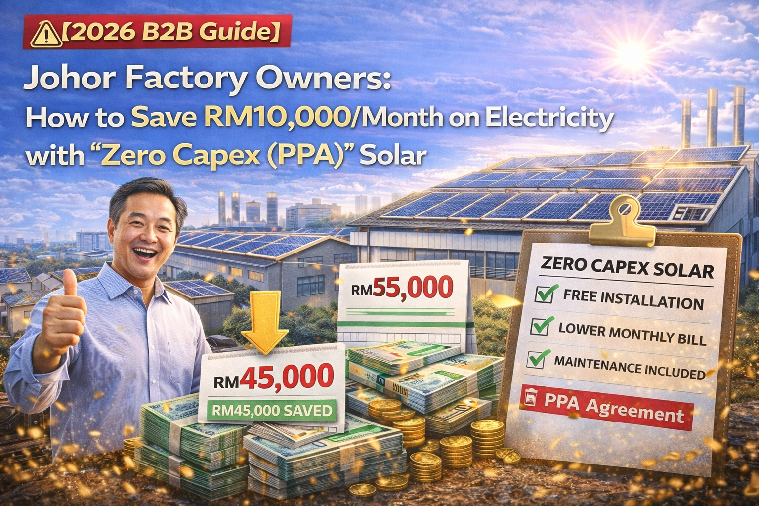 [2026 B2B Guide] Johor Factory Owners: How to Save RM10,000/Month on Electricity with "Zero Capex (PPA)" Solar
