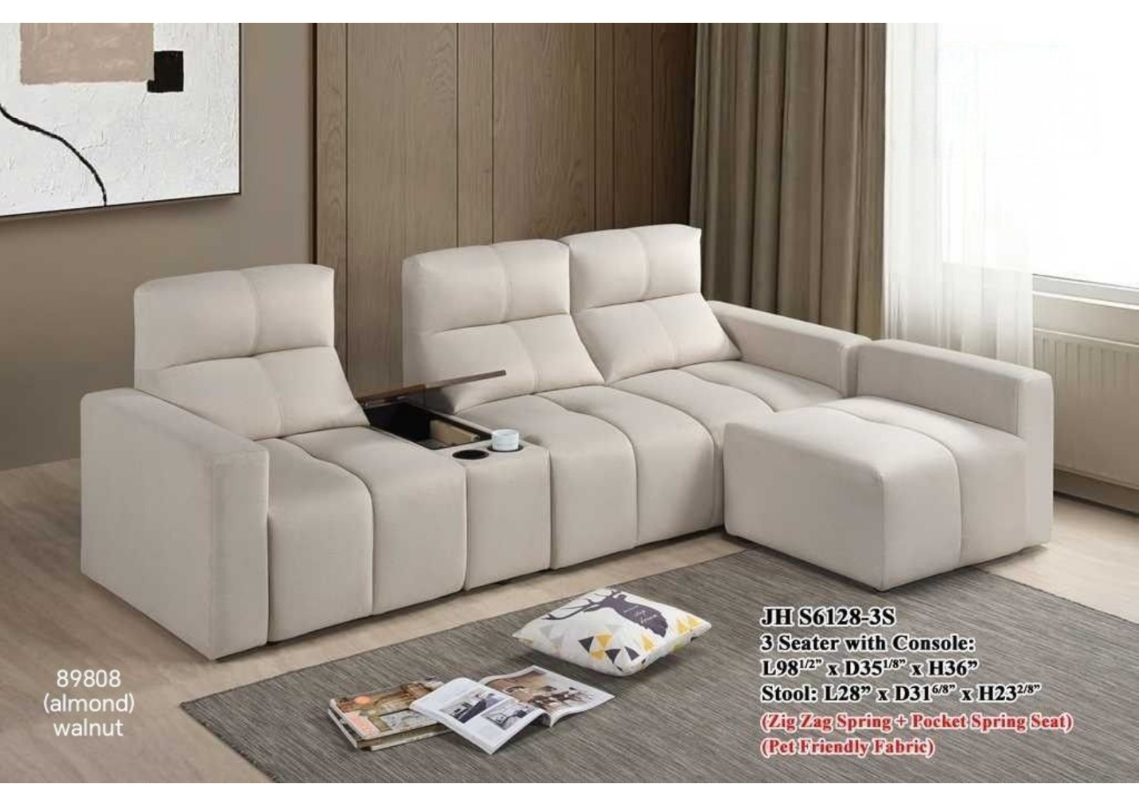 L-Shape 3 Seater Sofa with Console (Zig Zag + Pocket Spring, Pet-Friendly Fabric) �C Almond Walnut