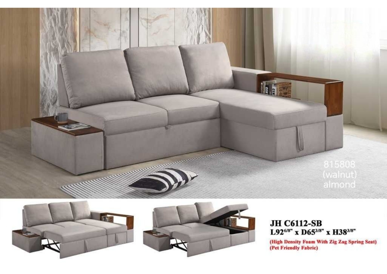 Modern L-Shape Sofa with Side Storage (High Density Foam + Zig Zag Spring, Pet-Friendly Fabric)