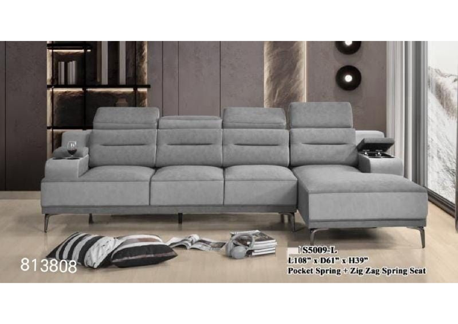 S5009-L Modern L-Shape Sofa with Pocket Spring & Integrated Cup Holders