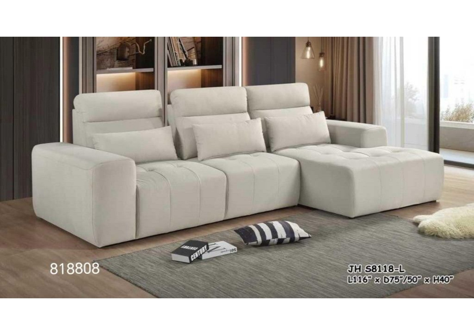 JH S8118-L Luxury L-Shape Sofa �C Contemporary Wide-Seating Fabric Couch