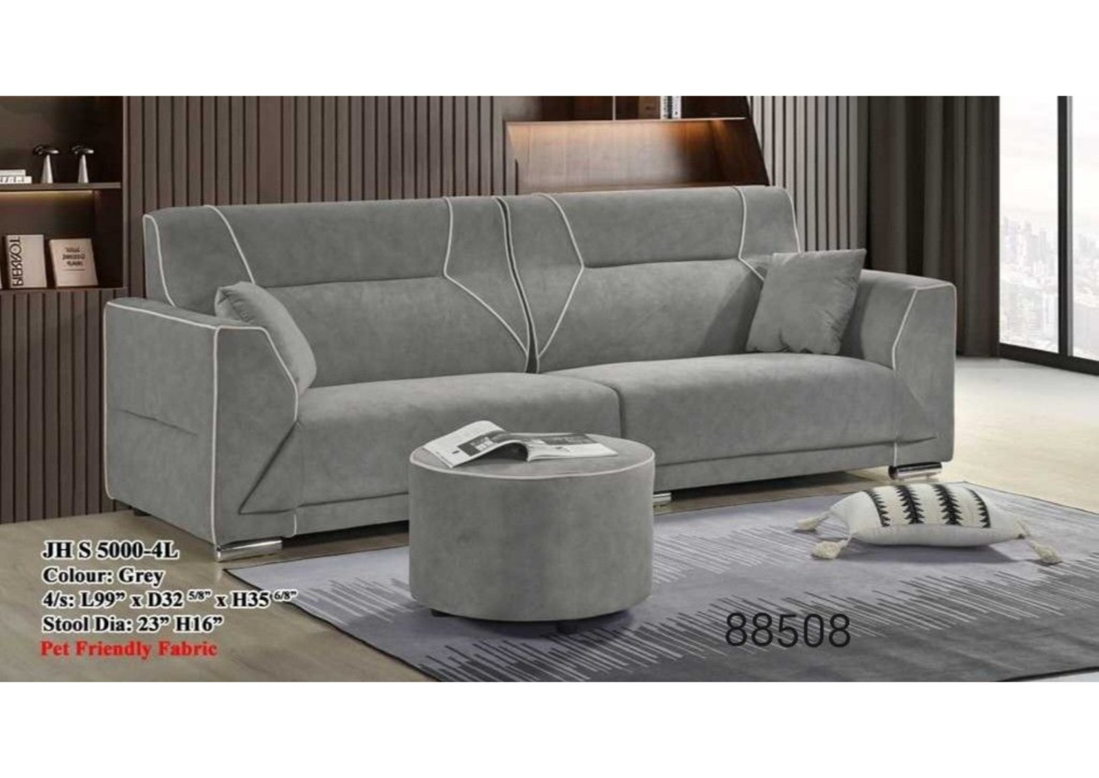 JH S 5000-4L Pet Friendly 4-Seater Fabric Sofa with Round Ottoman �C Grey