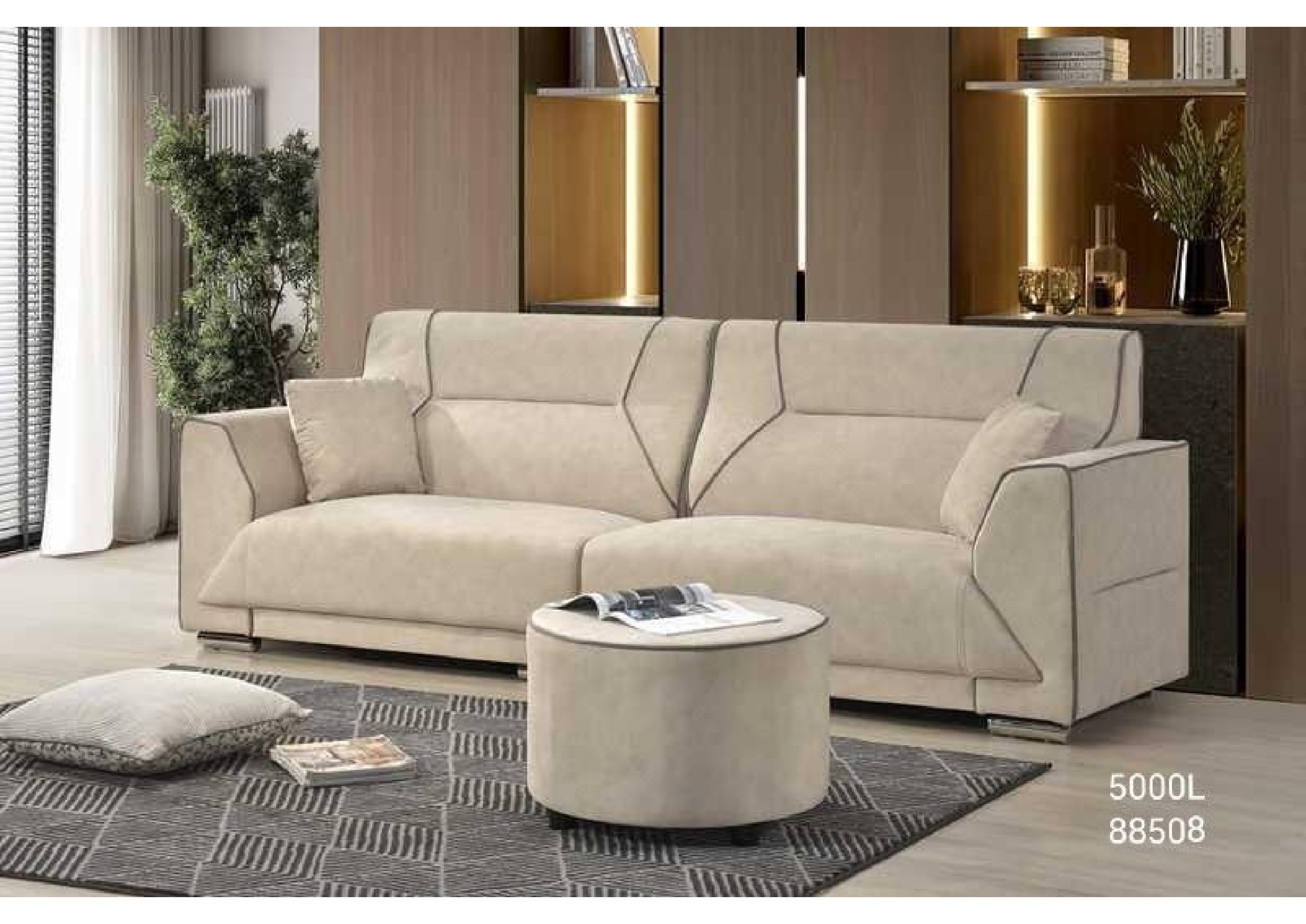 Modern 3/4-Seater Cream Fabric Sofa �C Luxury Design with Round Ottoman