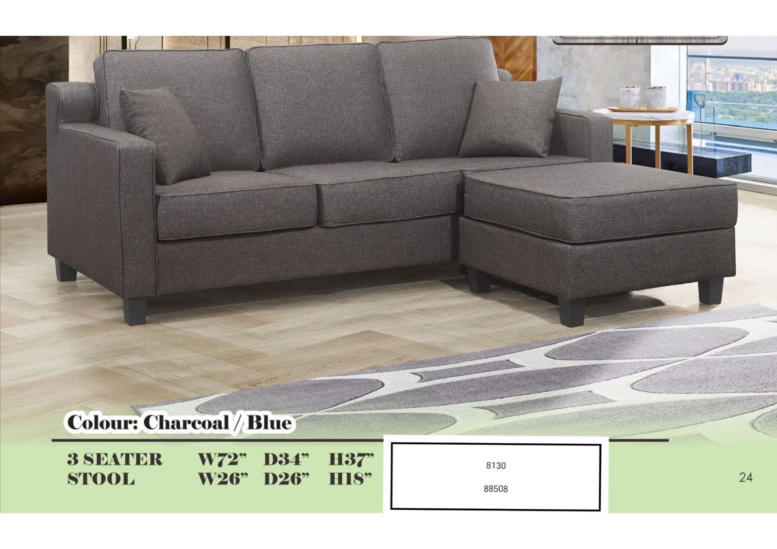 Modern 3-Seater Fabric Sofa with Moveable Stool �C Charcoal / Blue