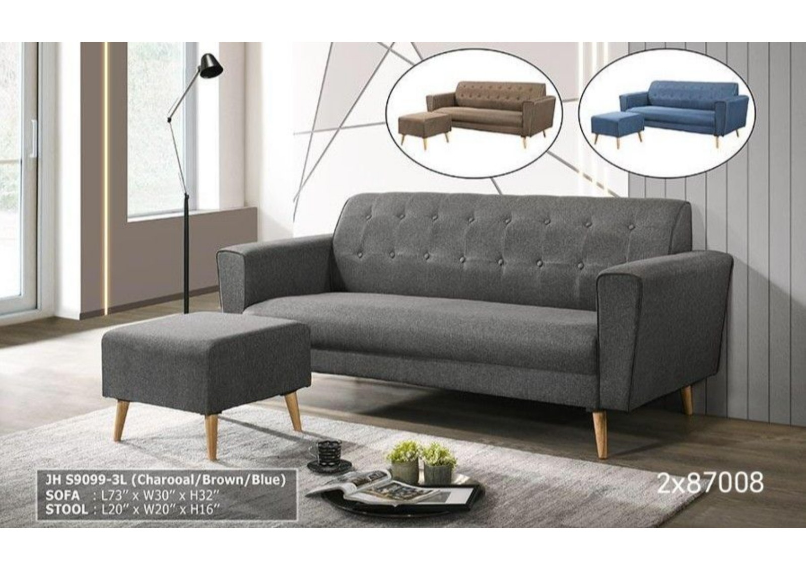 JH S9099-3L Scandinavian 3-Seater Sofa with Ottoman �C Charcoal, Brown & Blue