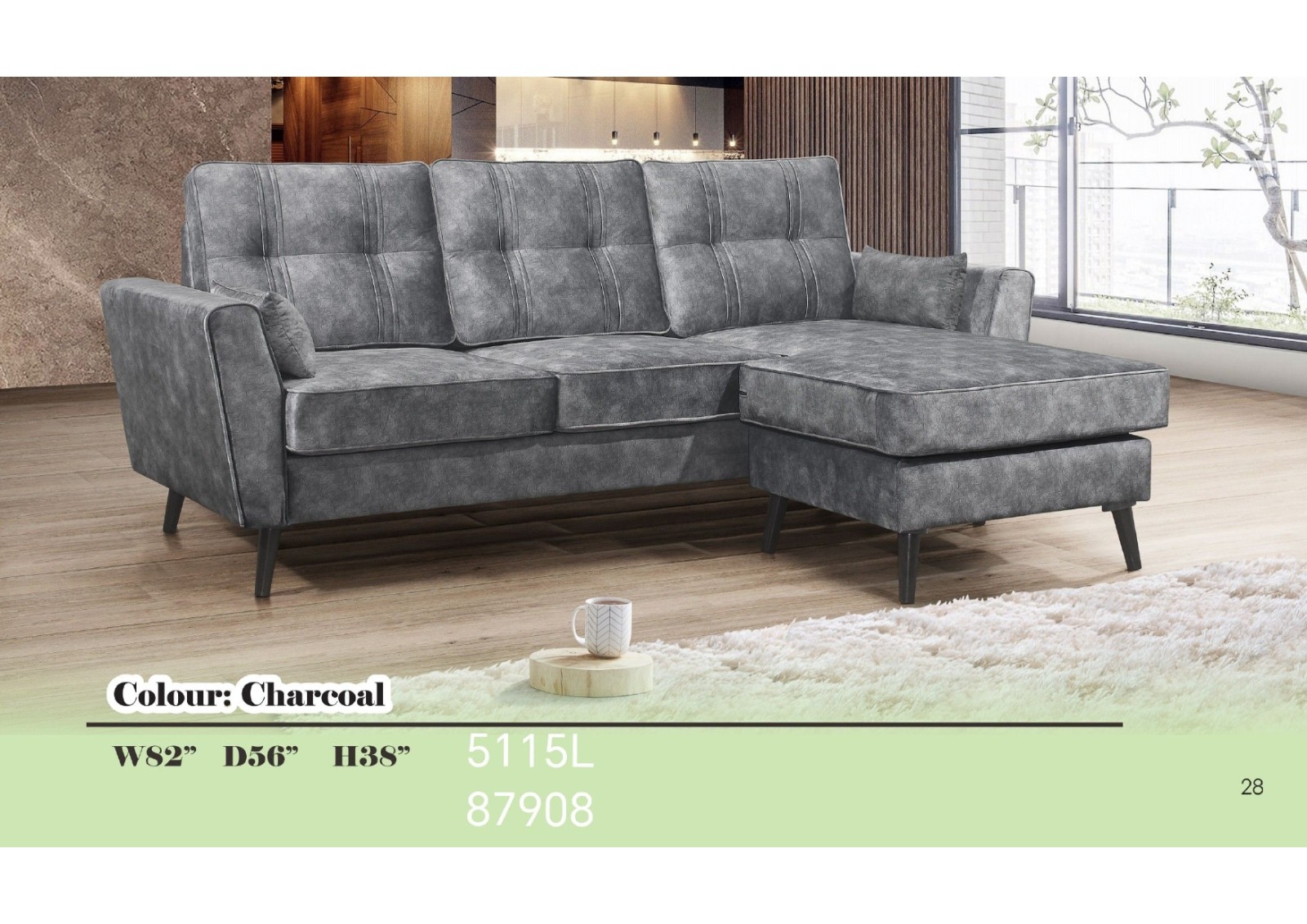 5115L Modern L-Shape Fabric Sofa �C Charcoal Grey Sectional with Tapered Legs