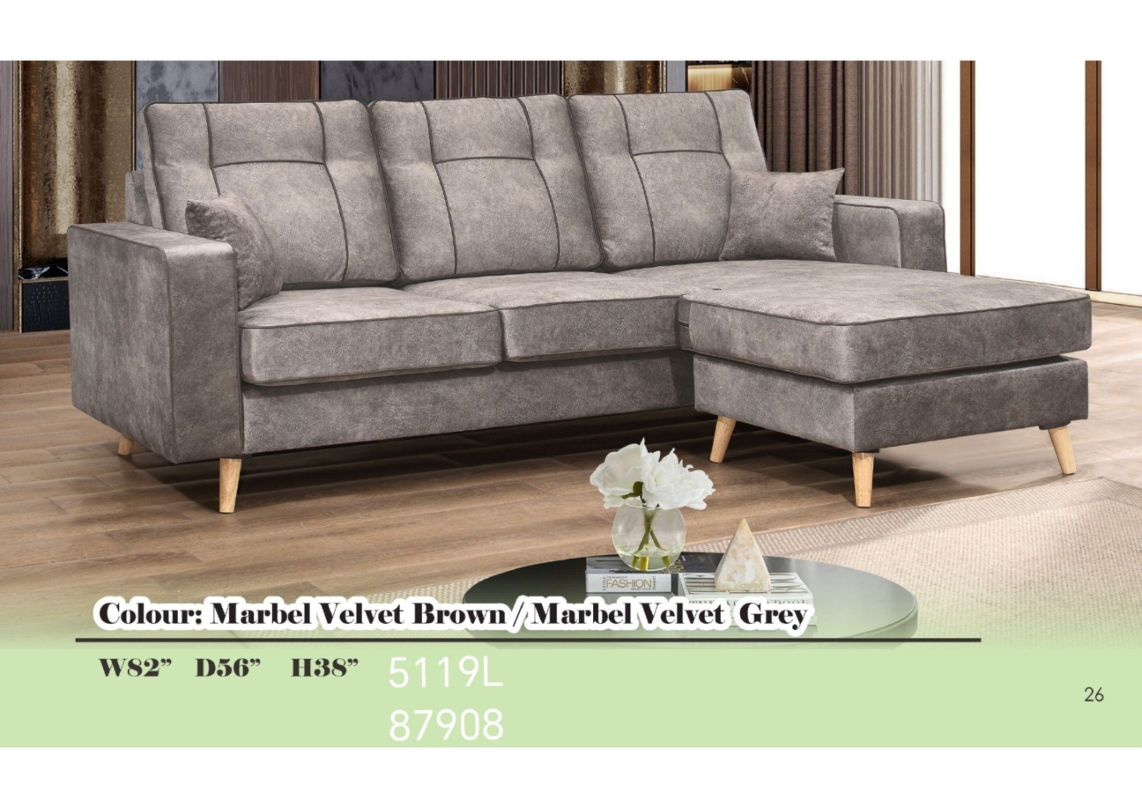 5119L Marble Velvet L-Shape Sofa �C Premium 3-Seater Sectional in Brown & Grey