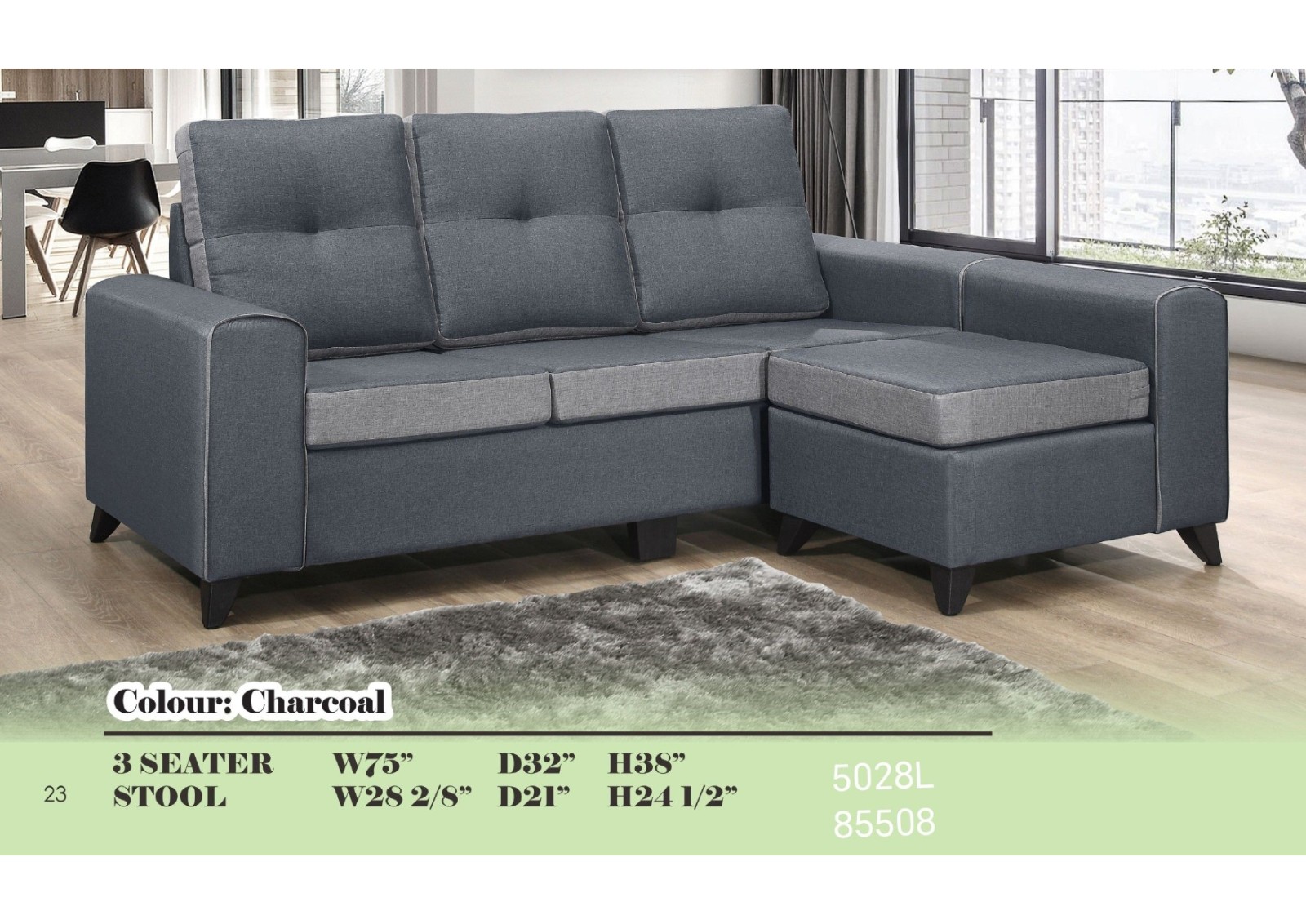 5028L Modern 3-Seater L-Shape Sofa �C Charcoal Two-Tone Fabric with Moveable Stool