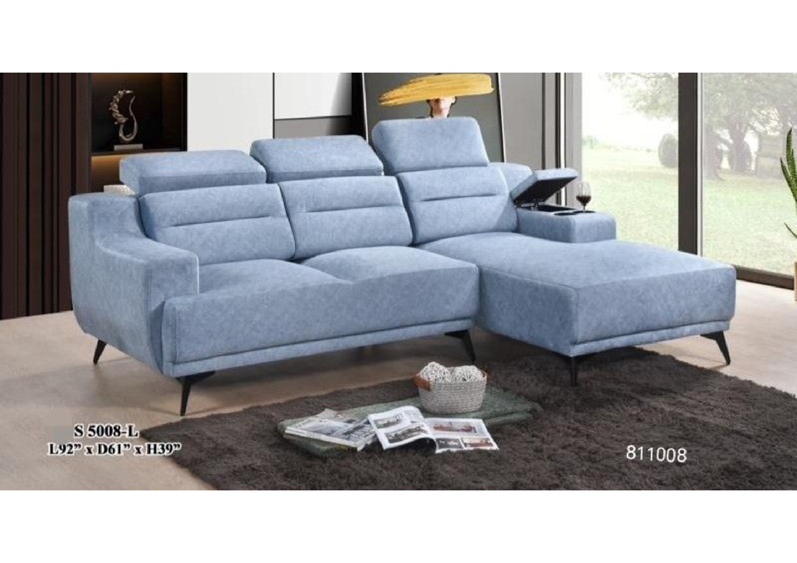 Luxury Light Blue L-Shape Sectional Sofa - Modern Fabric Couch with Storage Console & Adjustable Hea
