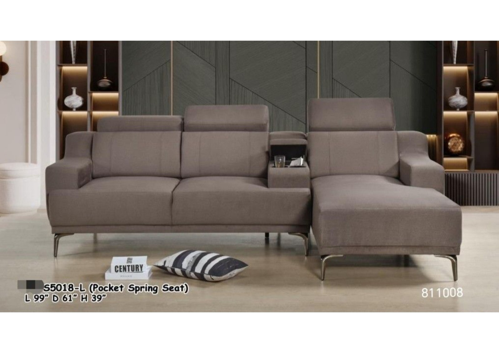 Premium Taupe L-Shape Sectional Sofa - Pocket Spring Seat with Storage Console & Adjustable Headrest