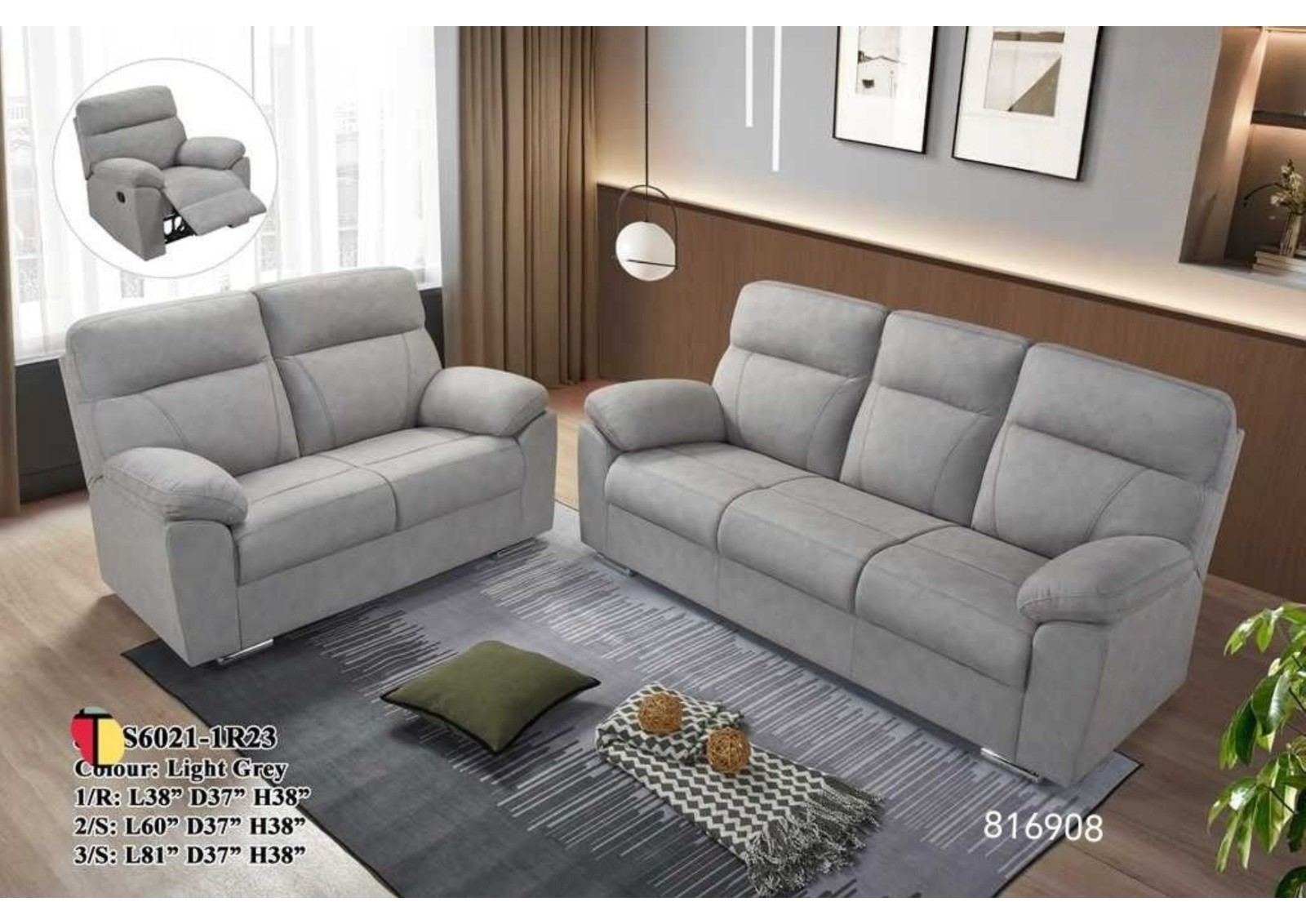 S6021 Premium Light Grey Recliner Sofa Set (1+2+3) - Ergonomic Fabric Lounge Suite