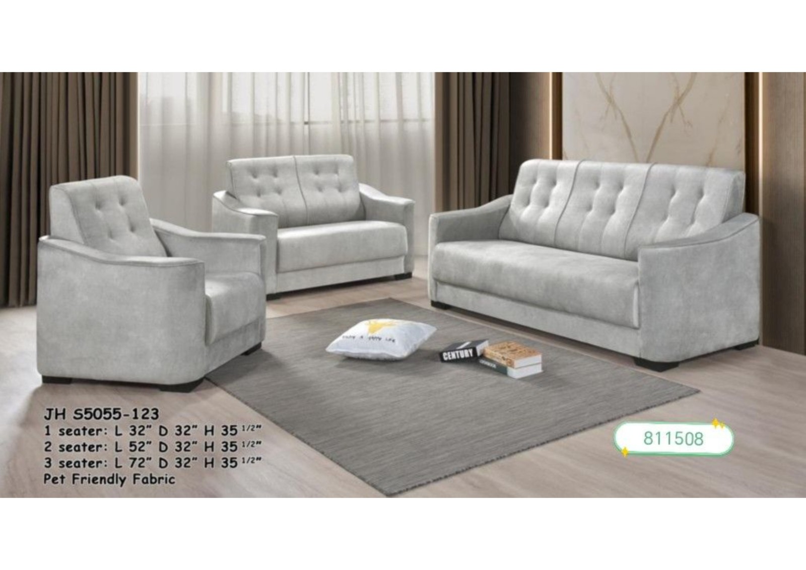 JH S5055 Premium Pet-Friendly Fabric Sofa Set (1+2+3) - Elegant Grey Button-Tufted Design