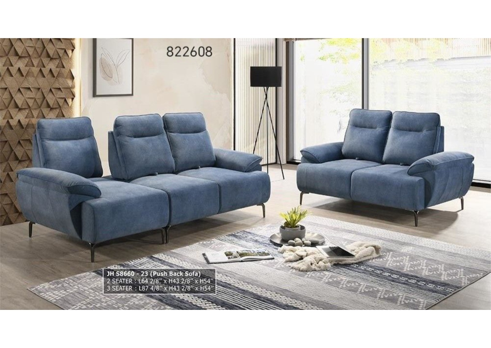 JH S8660 Premium Denim Blue Push-Back Sofa Set - Modern Functional Lounge Suite with Deep Seating