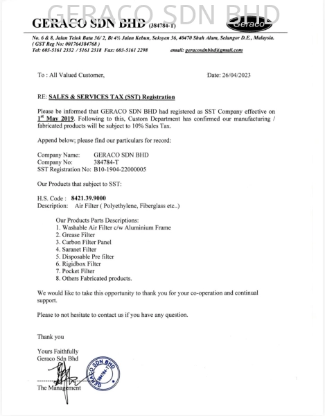 SST EXEMPTION LETTER