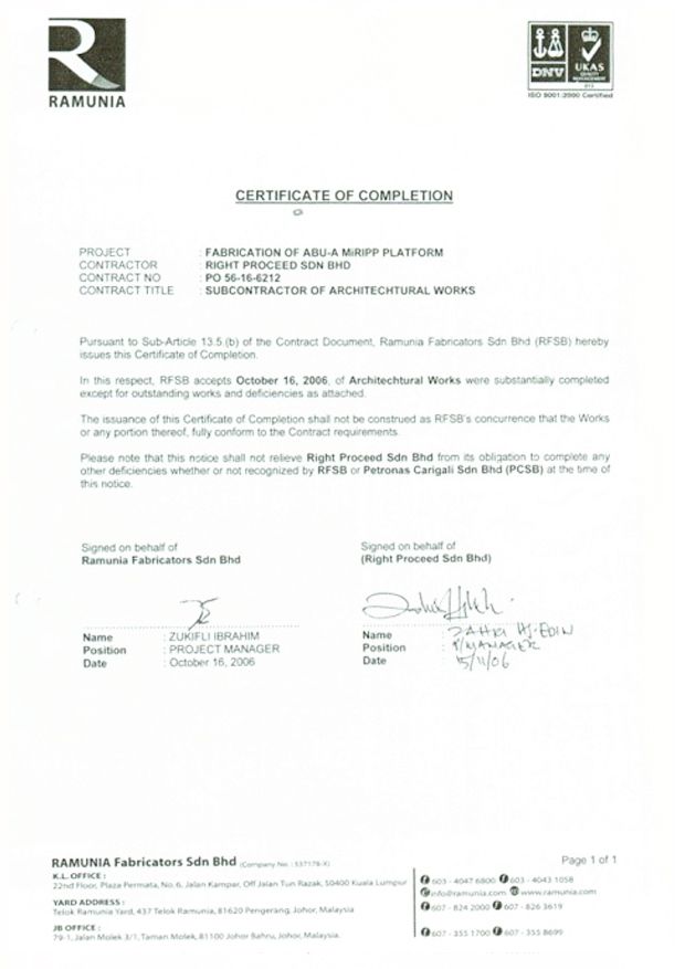 CERTIFICATE OF WORK COMPLETION