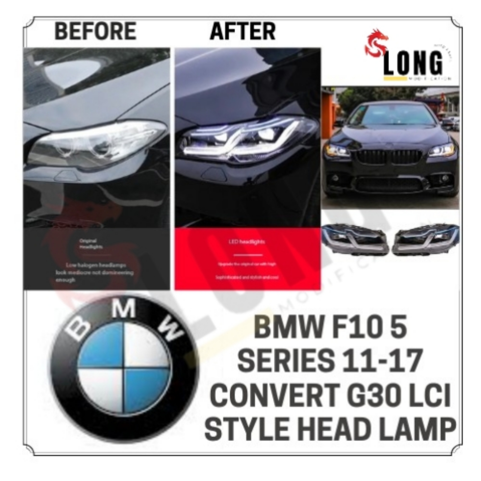bmw f10 5 series 11-17 convert g30 lci style head lamp