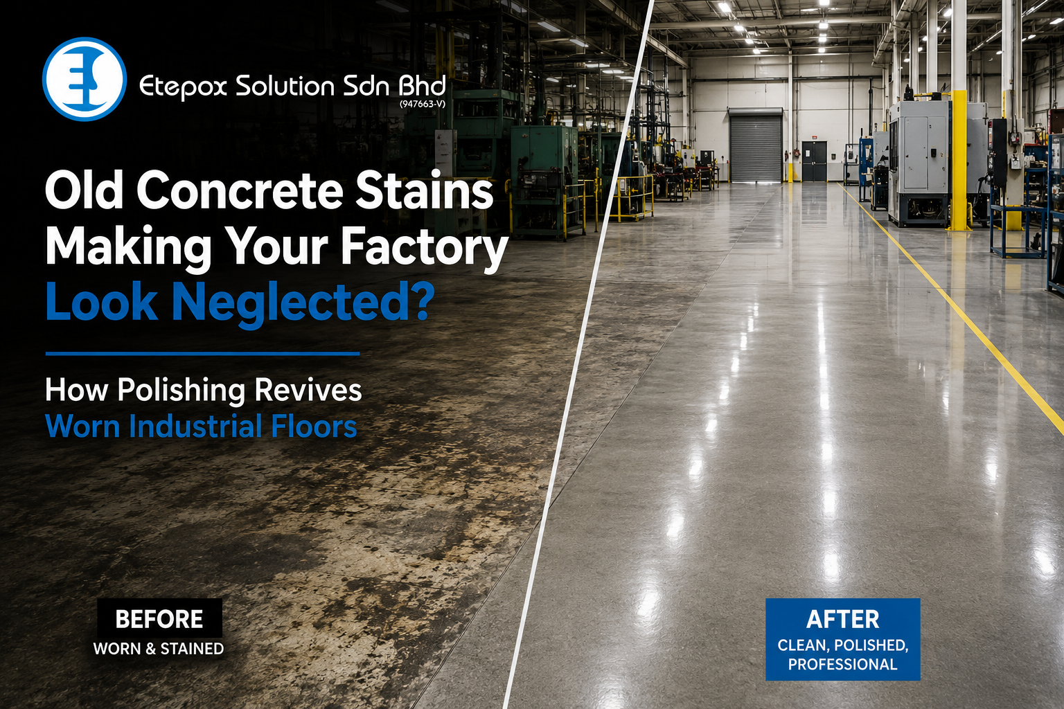 Old Concrete Stains Making Your Factory Look Neglected? How Polishing Revives Worn Industrial Floors