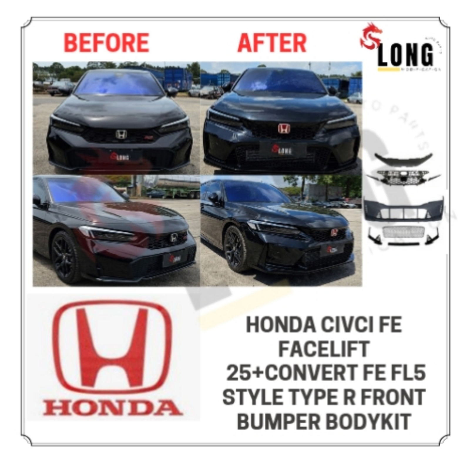 honda civci fe facelift 25+ convert fl5 type r front bumper bodykit