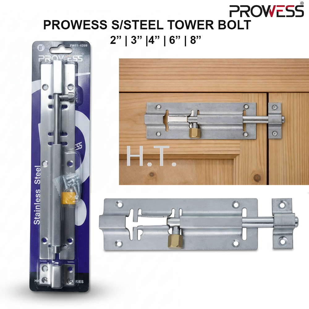 PROWESS STAINLESS STEEL TOWER BOLT | HEAVY DUTY DOOR & GATE SLIDING LOCK 2" | 3" | 4" | 6" | 8" ( PW65-6202 | PW65-6203 | PW65-6204 | PW65-6206 | PW65-6208 )