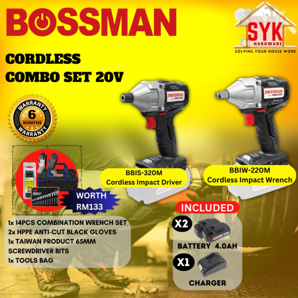 SYK Bossman Combo Set 20V Cordless Impact Driver Impact Wrench Battery Mesin Impact Bateri Free Gift