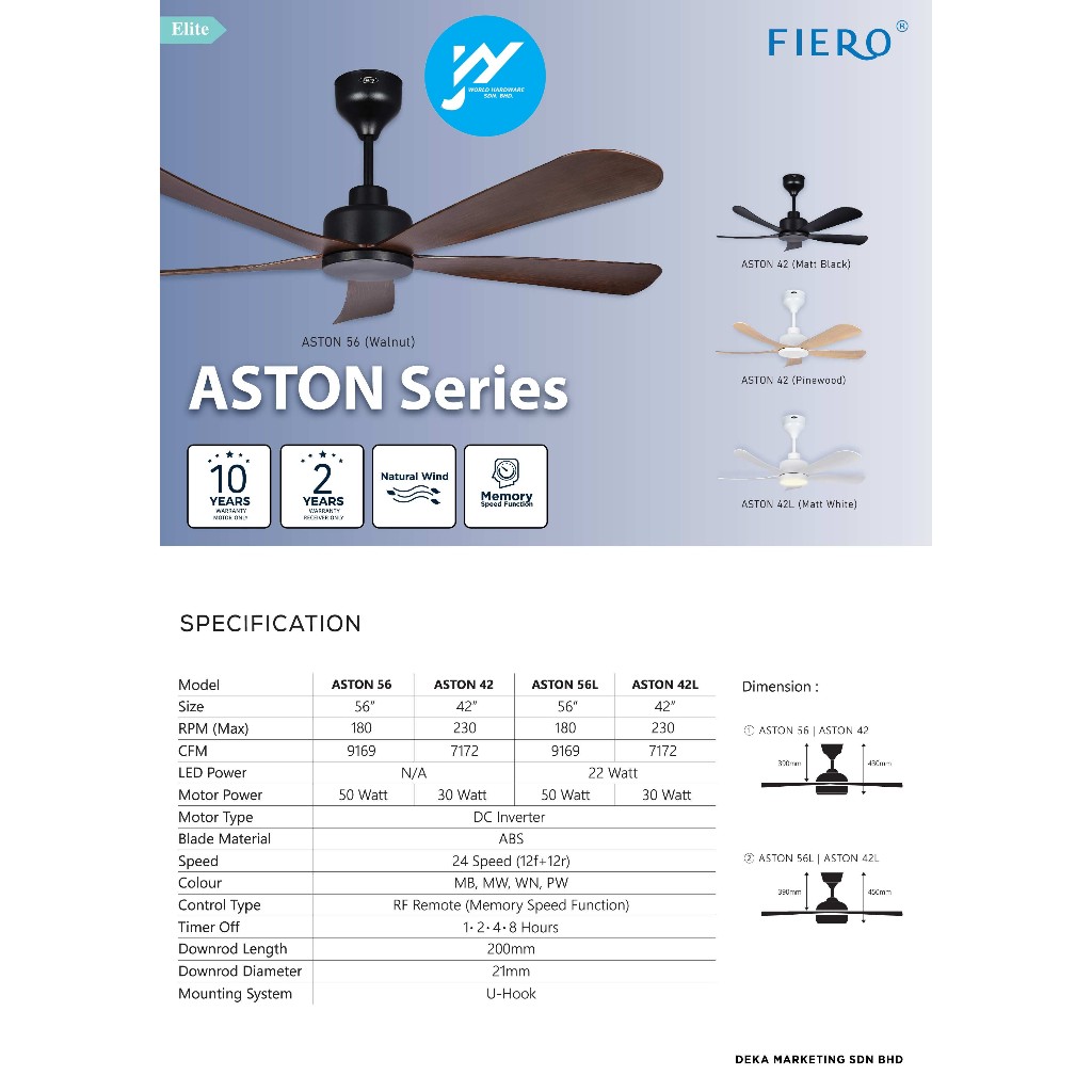 DEKA FIERO - ASTON 42''/56'' 5 Blades 24 Speed Remote Control DC Ceiling Fan/Kipas Siling
