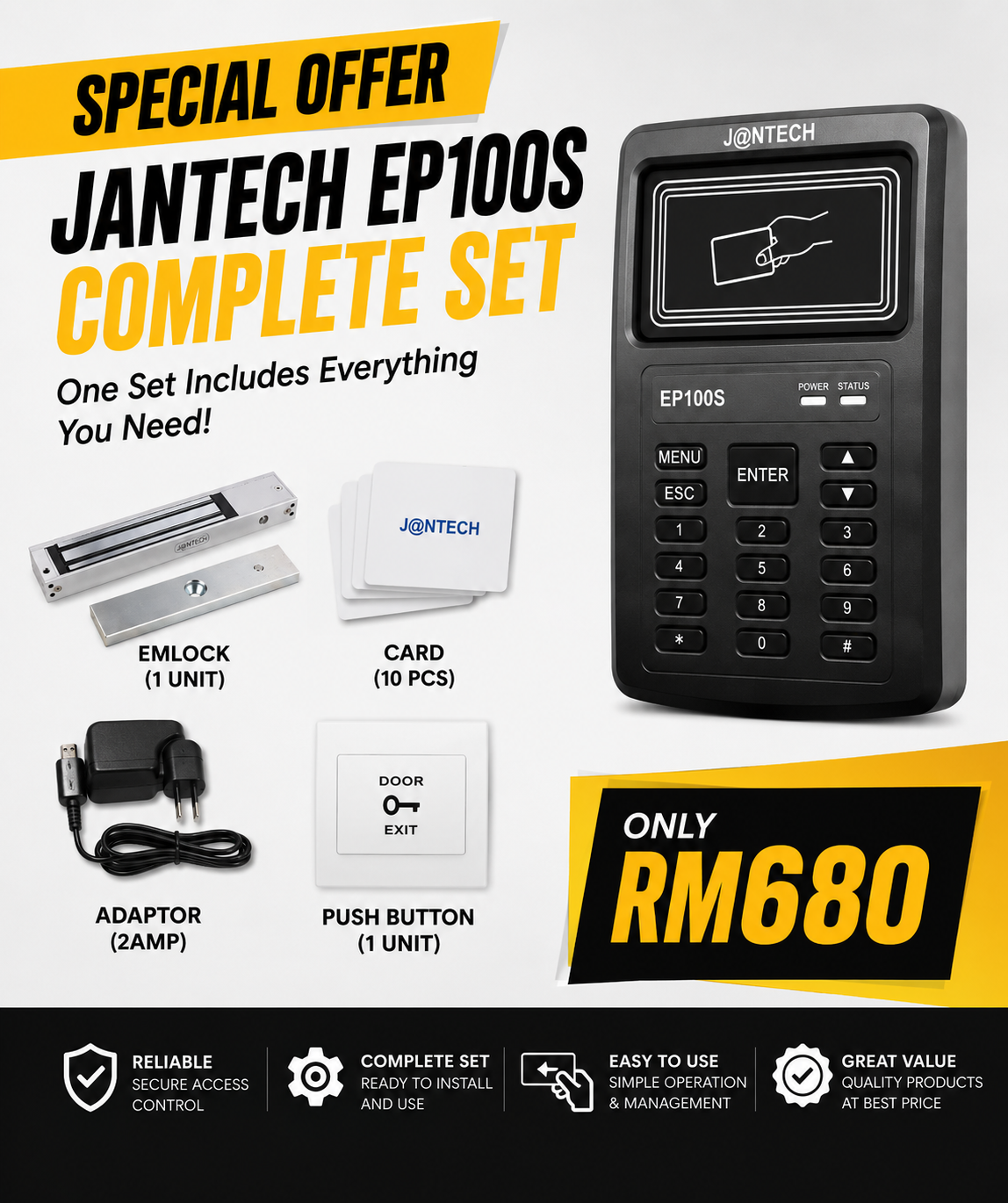 JANTECH EP100S Stand Alone Access Control Set Installation Promotion | RFID Door Access System Package Malaysia